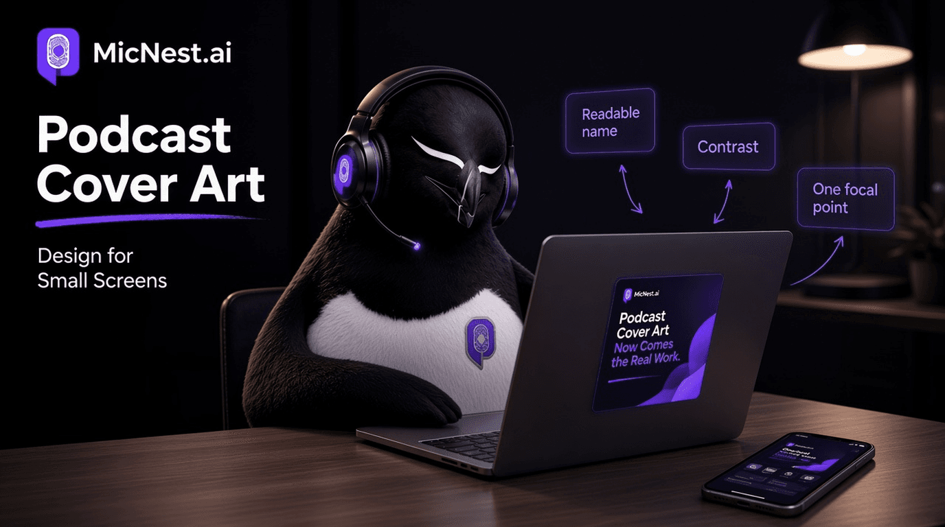 Podcast Cover Art for Small Screens. MicNest penguin at a dark desk comparing full-size cover art to tiny phone thumbnails.