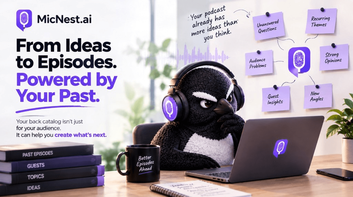 From Ideas to Episodes. Powered by Your Past. MicNest bird at a desk with past episodes, guests, topics, and ideas feeding a mind map of new angles.