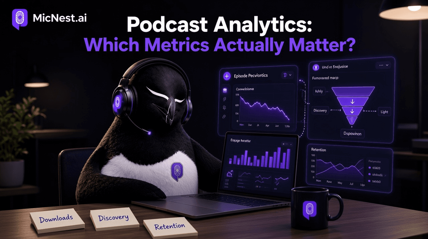 Podcast Analytics: Which Metrics Actually Matter? MicNest penguin at a dark desk reviewing podcast metrics charts with neon purple highlights.