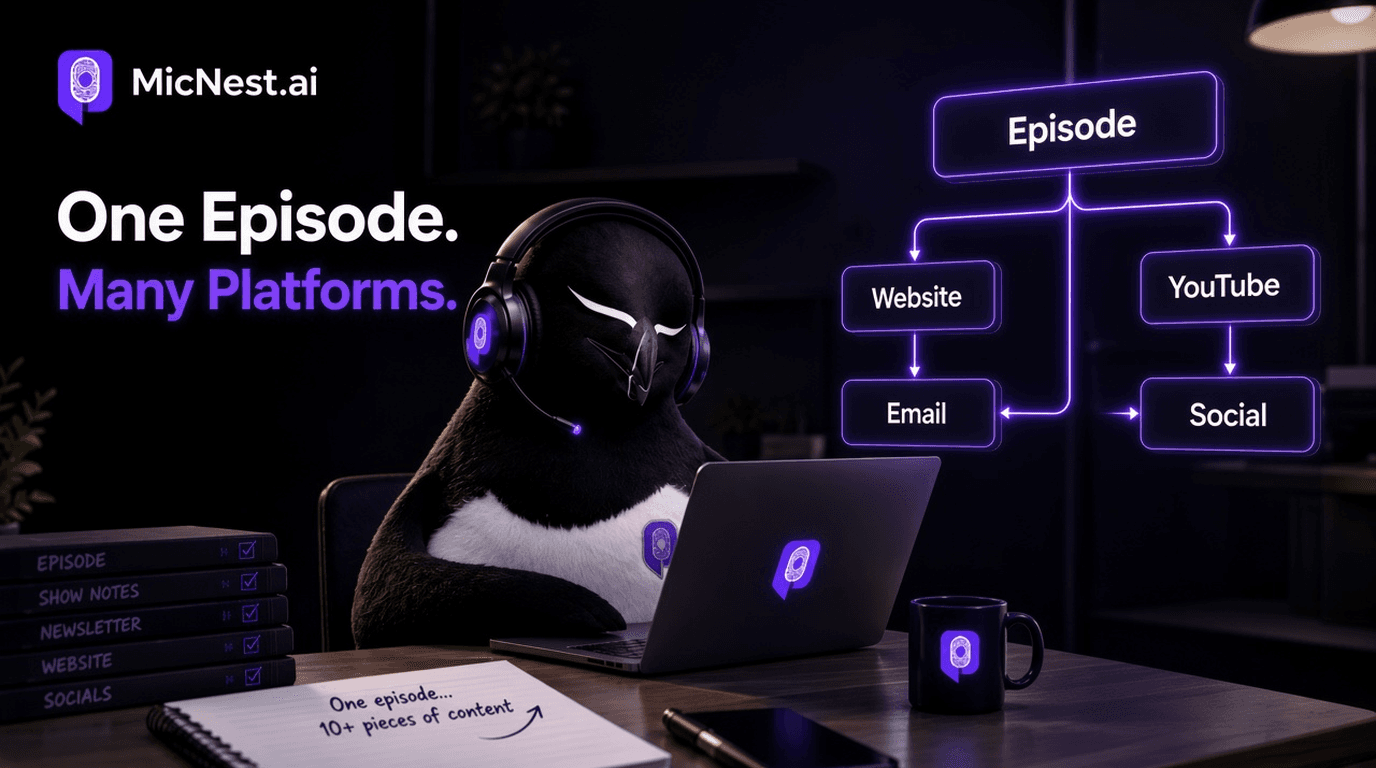 One Episode, Many Platforms. MicNest penguin at a dark studio desk with episode flowing to website, YouTube, email, and social.