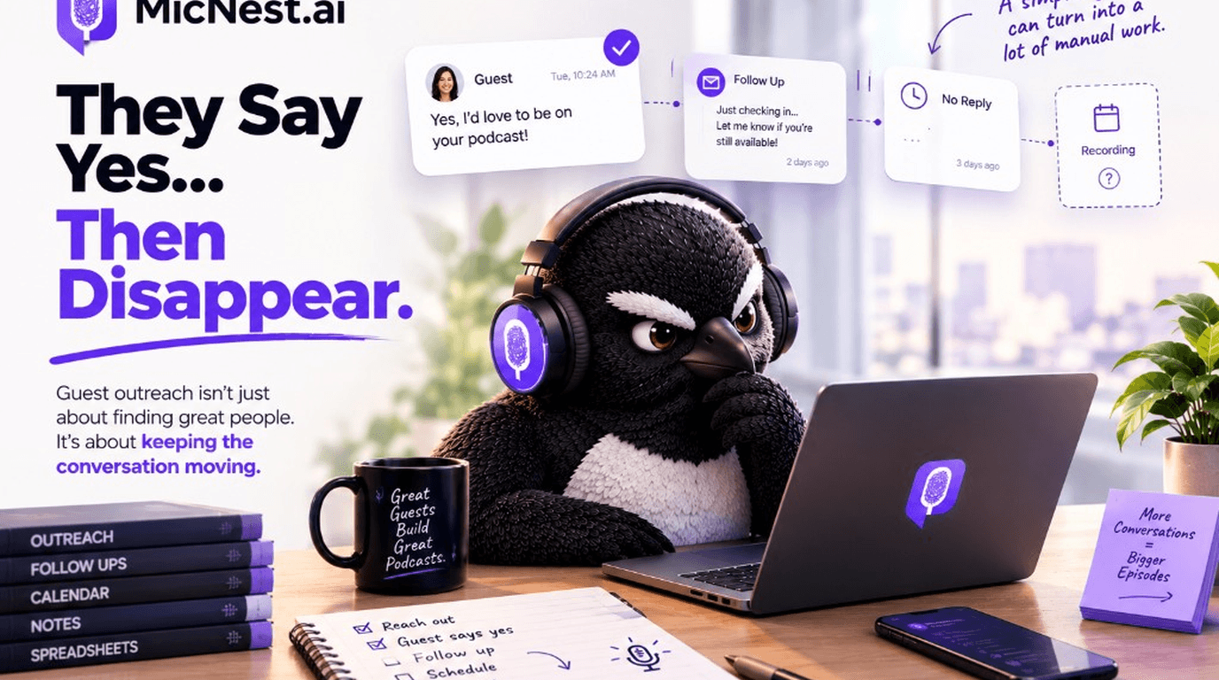They Say Yes... Then Disappear. MicNest penguin at a desk beside a stalled guest flow from confirmation to follow-up to no reply to recording.